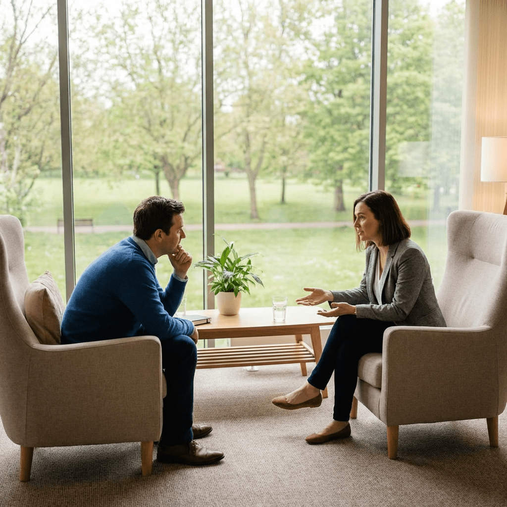 Two people sitting in armchairs facing each other, engaged in a serious conversation.